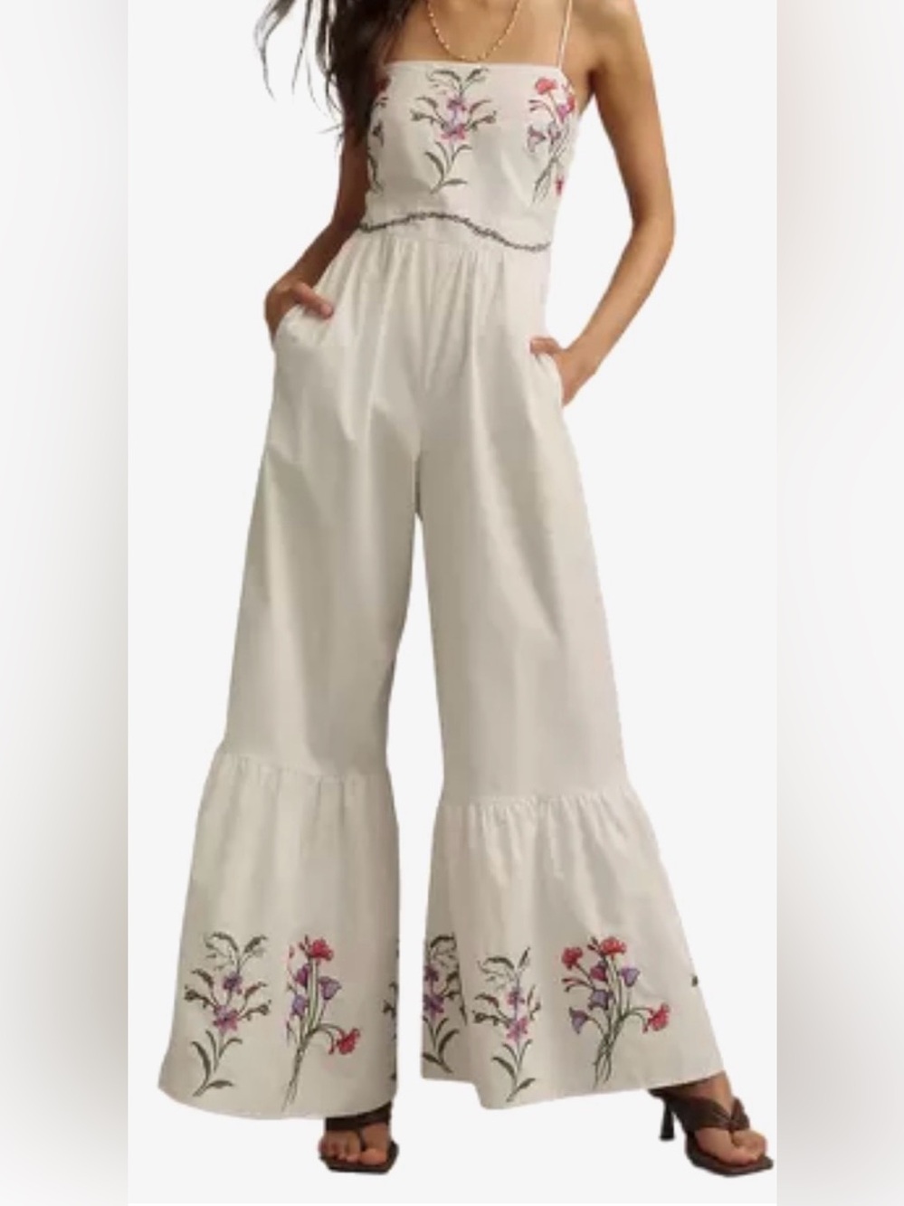 Hutch Cream Wide-Leg Jumpsuit with Multicolor Floral Embroidery
